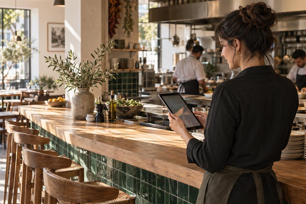 Restoranında tablet ile çalışan işletme yöneticisi